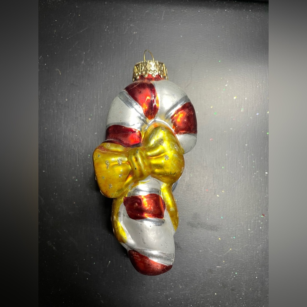 Glass Ornament Vintage Candy Cane With A Yellow Ribbon 4” By G&D
